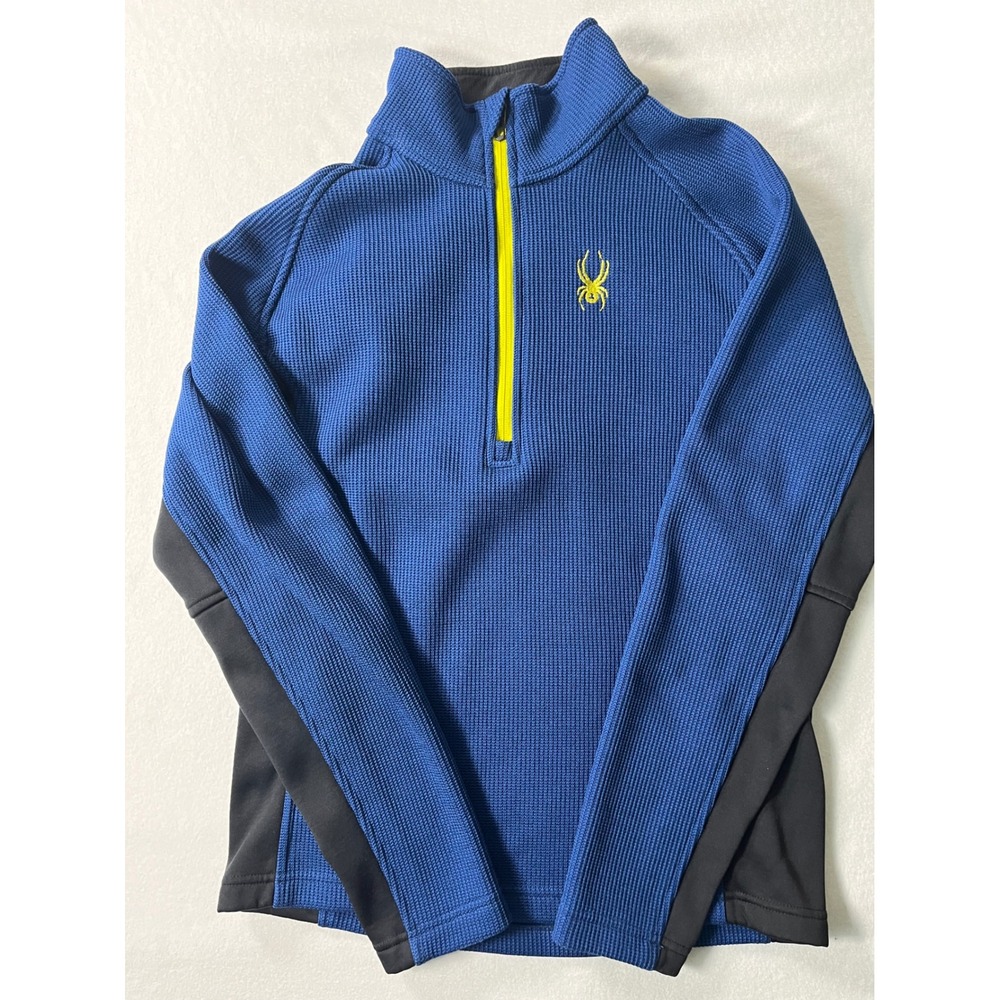 Spyder Boys Blue Black 1/4 Zip Fleece Pullover Waffle Knit Size L 14/16